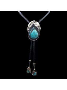 Navajo Large Turquoise Cabochon Silver Slide Braided Leather Bolo Tie Signed
